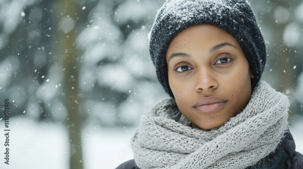 a random winter dressed woman looking camera in a winter background
