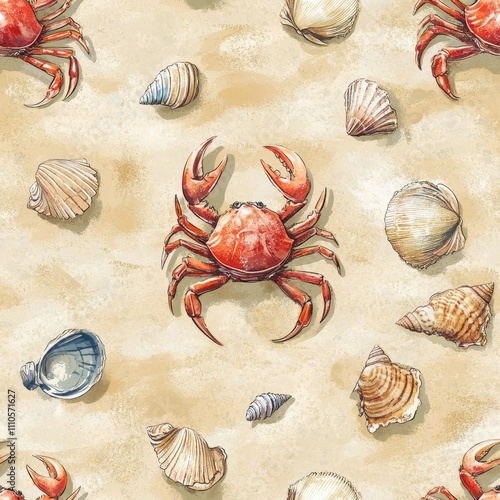 Seamless Crab and Seashell Pattern on Beige Sand seamless, pattern, background, texture photo