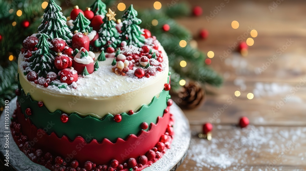 A colorful Christmas cake with bright red and green icing, topped with festive sprinkles, and a snowy winter scene crafted from fondant. A colorful Christmas cake with bright red and green icing, topped with festive sprinkles, and a snowy winter scene crafted from fondant.