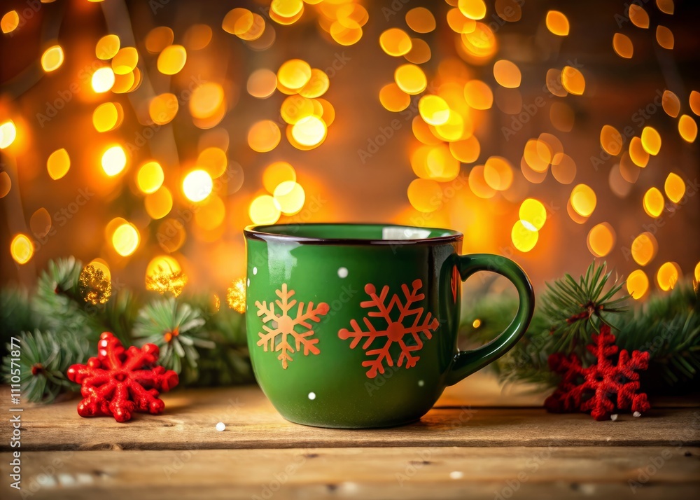 Fototapeta premium Silhouette of a Green Christmas Mug with Red Snowflakes Against a Glowing Background Perfect for Holiday Themes and Festive Decor Ideas