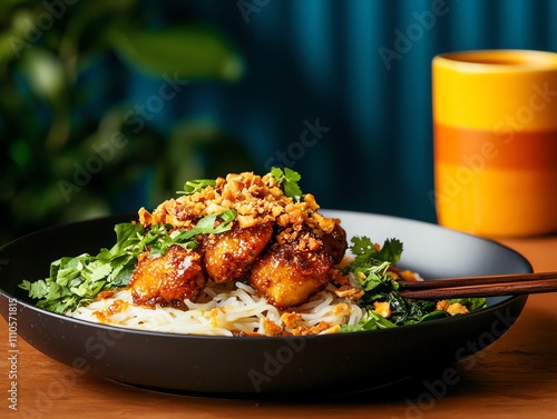 Cambodian num banh chok, fresh rice noodles with green curry and herbs, plated beautifully in a traditional setting photo