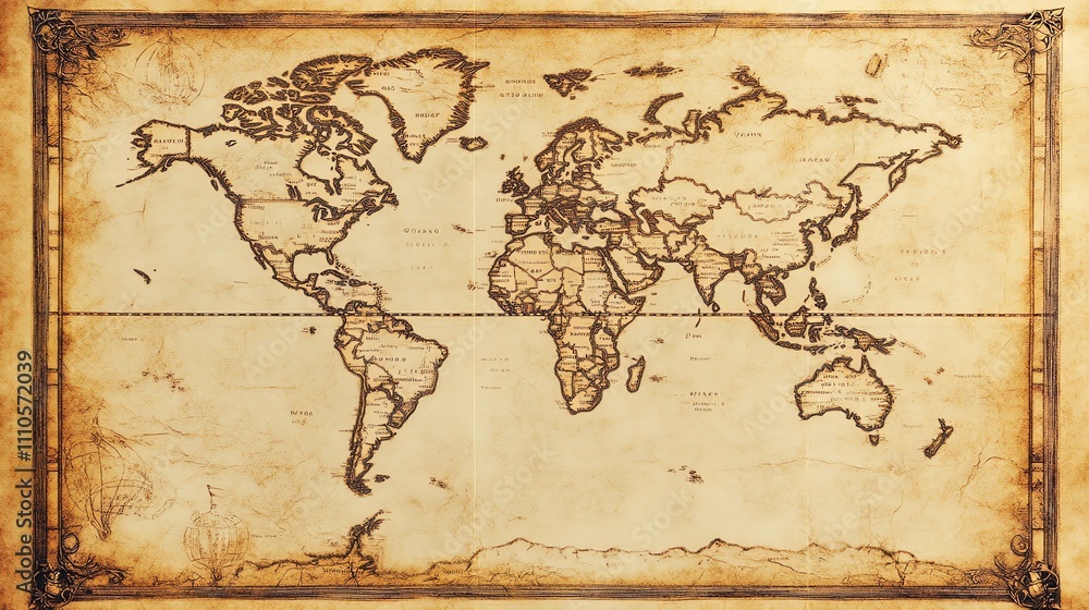 Fototapeta premium Vintage world map with compass details.