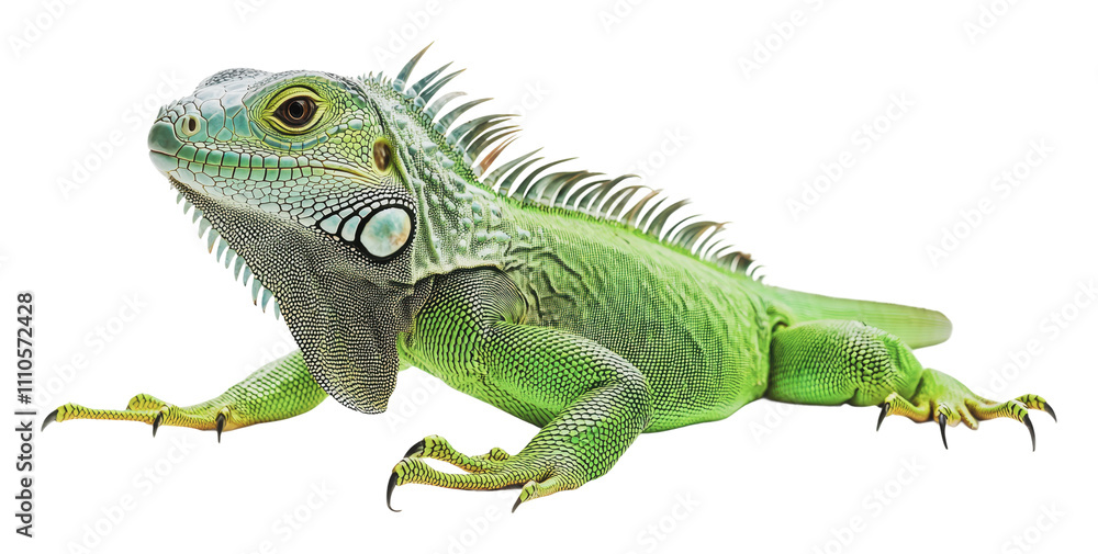 Obraz premium Bright green iguana resting on a surface, cut out - stock png.