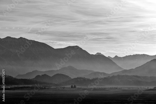 Autumn over the Murnauer Moos with a view of the peaks of the mountains Estergebirge and Wetterstein, black and white photo, Alps, Bavaria, Germany, Europe photo