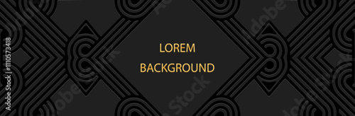 Ethnic banner, black lorem background, tribal cover design. Geometric textured original 3D pattern, embossing, space for text. Ornaments in the style of the East, Asia, India, Mexico, Aztec, Peru.