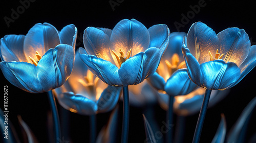 Piękne niebieskie metaliczne tulipany, na czarnym tle, trendy 2025, generative ai  © Elżbieta Kaps