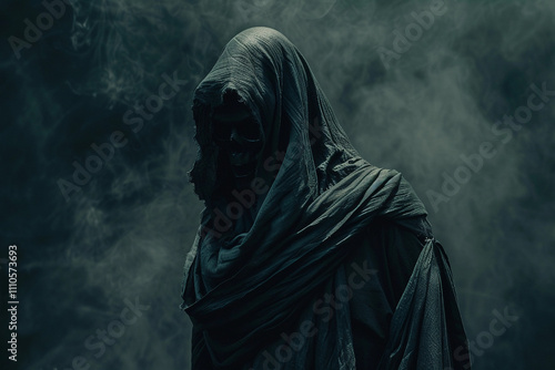 Scary grim reaper with sharp scythe in hell with dramatic background