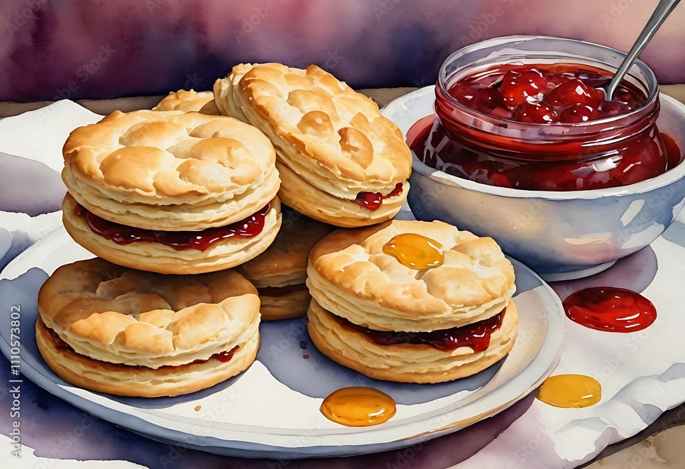 Delicious homemade biscuits filled with jam served with a jar of fruit preserves on a rustic table Delicious homemade biscuits filled with jam served with a jar of fruit preserves on a rustic table