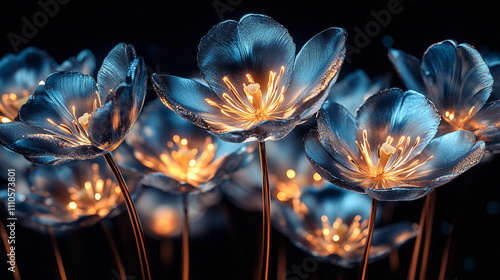 Piękne niebieskie metaliczne tulipany, na czarnym tle, trendy 2025, generative ai  © Elżbieta Kaps