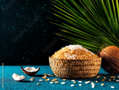 Filipino kakanin platter, assorted sticky rice delicacies served on a woven tray with coconut and sugar photo