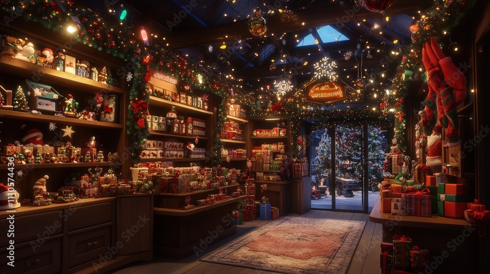 A cozy, festive store, where Christmas lights twinkle from the ceiling and illuminate every corner, creating a welcoming atmosphere for shoppers looking for holiday cheer. A cozy, festive store, where Christmas lights twinkle from the ceiling and illuminate every corner, creating a welcoming atmosphere for shoppers looking for holiday cheer.