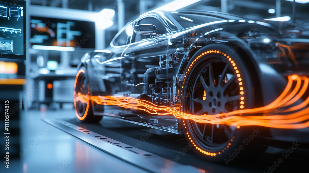 Fototapeta premium A high-tech car battery with orange cables radiating energy waves, placed in a modern lab filled with advanced equipment and displays