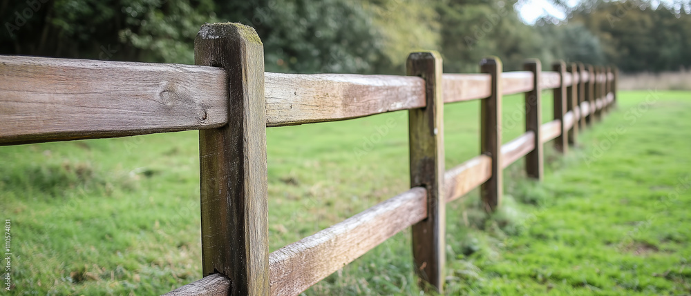 Wooden fence close up bordering plot property in field against natural background. Wooden fence close up bordering plot property in field against natural background.