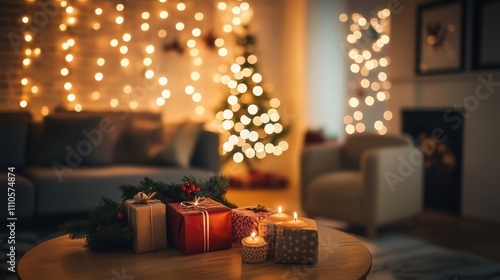 A cozy living room scene with a table full of Christmas gifts, lit by the warm glow of string lights.