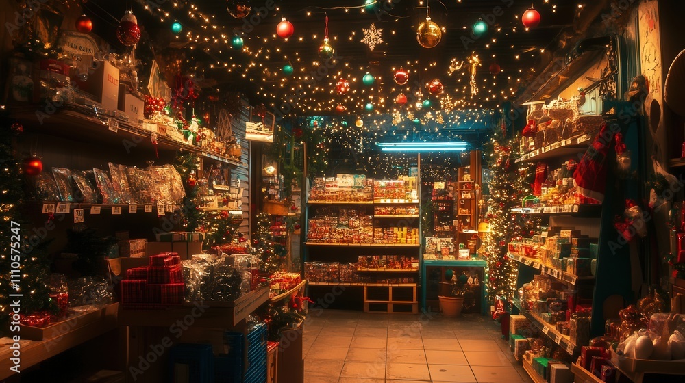 A cozy store with Christmas lights strung across the shelves and hanging from the ceiling, providing a warm and inviting atmosphere A cozy store with Christmas lights strung across the shelves and hanging from the ceiling, providing a warm and inviting atmosphere