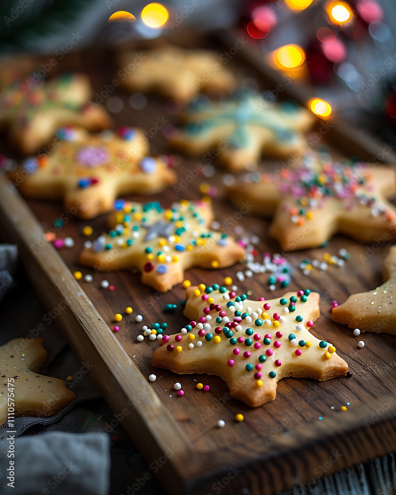 Festive Close-Up of Decorative Christmas Cookies Shaped Like Stars with Colorful Sprinkles on a Wooden Tray Surrounded by Holiday Lights Festive Close-Up of Decorative Christmas Cookies Shaped Like Stars with Colorful Sprinkles on a Wooden Tray Surrounded by Holiday Lights