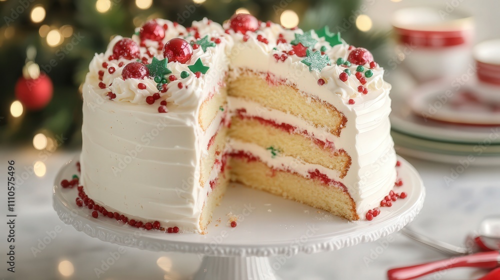 A creamy white Christmas cake featuring layers of rich sponge cake, filled with whipped cream, and decorated with red and green fondant. A creamy white Christmas cake featuring layers of rich sponge cake, filled with whipped cream, and decorated with red and green fondant.