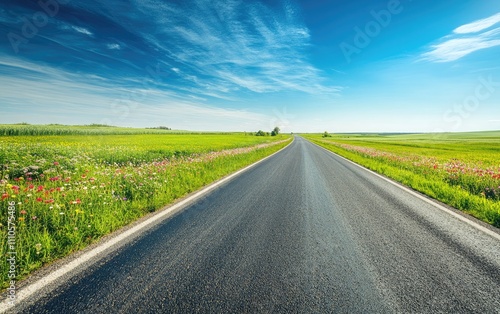 A long, empty road running through green fields dotted with wildflowers under a wide blue sky. The scene is peaceful and feels endless.
