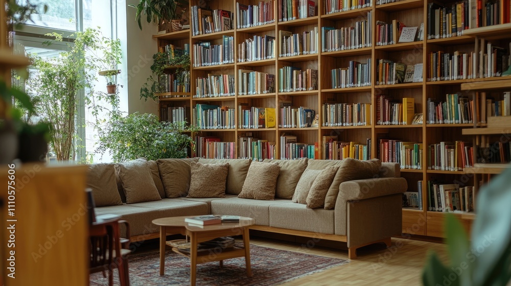 A cozy corner with a sectional sofa nestled beside a large, well-stocked bookcase. The room is filled with natural light and lush plants. A cozy corner with a sectional sofa nestled beside a large, well-stocked bookcase. The room is filled with natural light and lush plants.