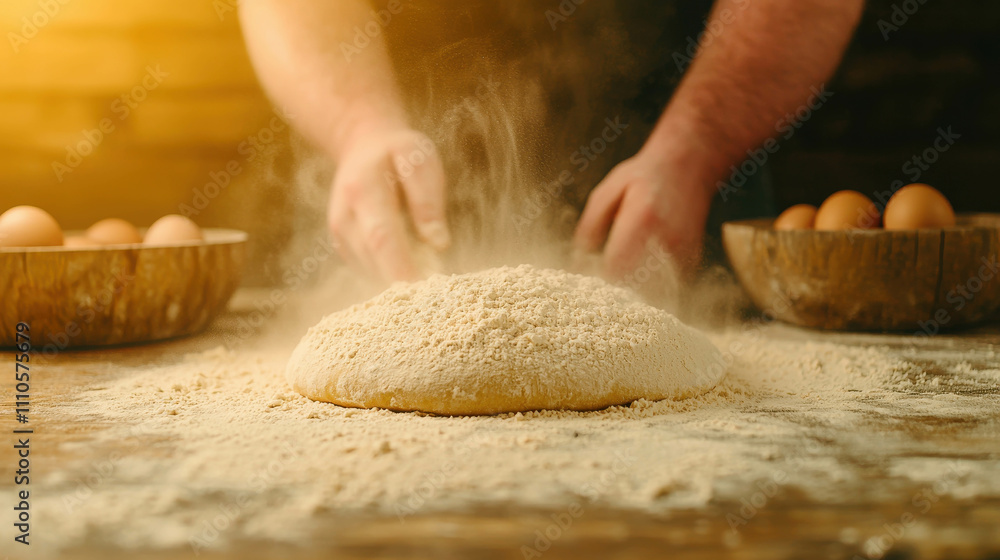 Obraz premium Joyful Baker Mixing Ingredients to Create a Delicious Cake from Scratch