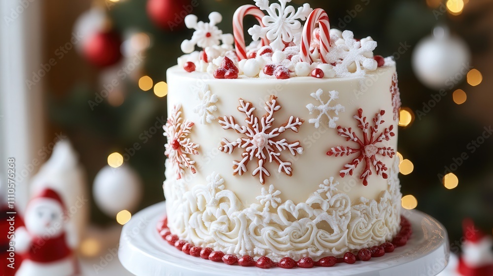 Fototapeta premium A delicate, multi-layered gingerbread Christmas cake decorated with intricate fondant snowflakes and candy cane accents