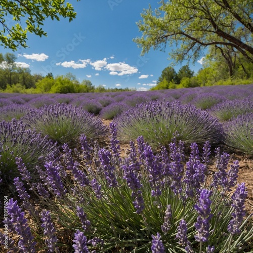 A springtime forest meadow filled with blooming lavender and clear blue skies.

 photo