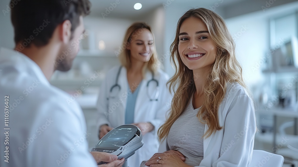 Fototapeta premium Smiling pregnant woman receiving prenatal care from doctors in a modern clinic setting, showcasing a warm and supportive healthcare environment with advanced medical technology.