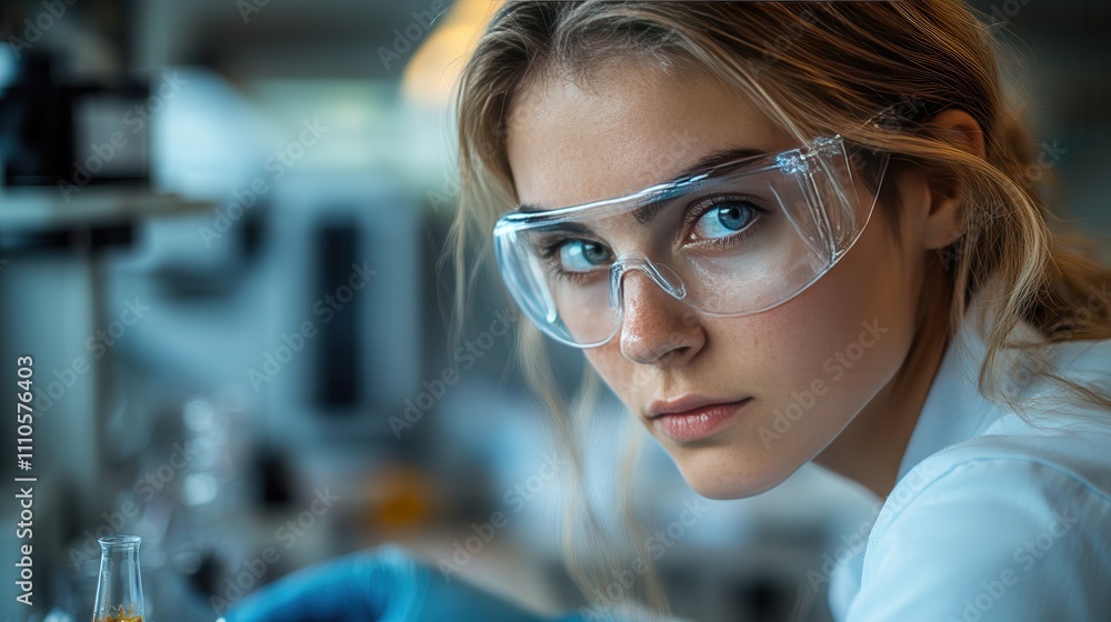 Focused Female Scientist in Laboratory with Protective Eyewear Analyzing Data and Preparing Experiment with Beakers and Lab Equipment in Modern Research Facility Focused Female Scientist in Laboratory with Protective Eyewear Analyzing Data and Preparing Experiment with Beakers and Lab Equipment in Modern Research Facility