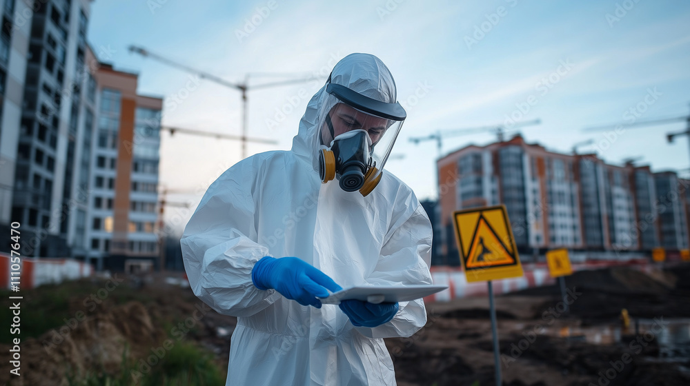 A professional in a white hazmat suit and respirator, holding a testing tool near a construction site, surrounded by warning signs A professional in a white hazmat suit and respirator, holding a testing tool near a construction site, surrounded by warning signs