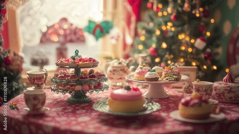 A doll tea party in a Christmas-themed dollhouse, complete with miniature cakes and holiday decorations. A doll tea party in a Christmas-themed dollhouse, complete with miniature cakes and holiday decorations.