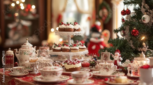 A doll tea party in a Christmas-themed dollhouse, complete with miniature cakes and holiday decorations.
