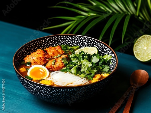 Indonesian soto ayam, golden chicken soup with herbs, vermicelli, and lime, a comforting street food staple photo