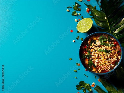 Indonesian soto ayam, golden chicken soup with herbs, vermicelli, and lime, a comforting street food staple photo