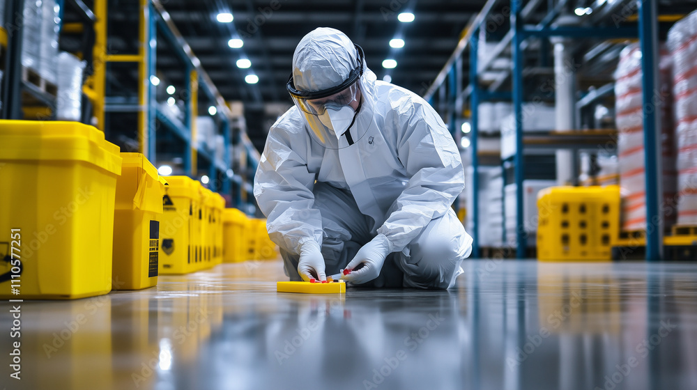 A person dressed in protective white gear and face shield sealing a hazardous material sample in an industrial setting marked with high-visibility signs A person dressed in protective white gear and face shield sealing a hazardous material sample in an industrial setting marked with high-visibility signs
