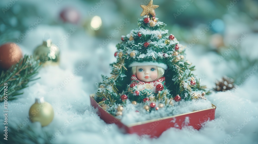 A festive Christmas gift box with a doll inside, dressed in a Christmas tree costume, surrounded by faux snow and small ornaments that reflect holiday cheer. A festive Christmas gift box with a doll inside, dressed in a Christmas tree costume, surrounded by faux snow and small ornaments that reflect holiday cheer.