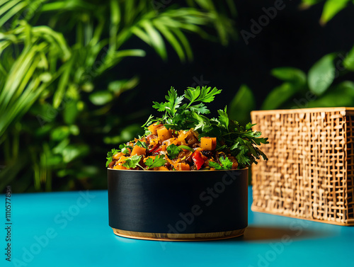 Laotian or lam bamboo stew, hearty broth with vegetables and herbs, artistically served in a bamboo vessel