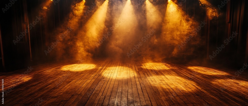 Fototapeta premium Warm and Subtle Spotlights Casting a Nostalgic Atmosphere During a Theatrical Event on a Wooden Stage Backdrop
