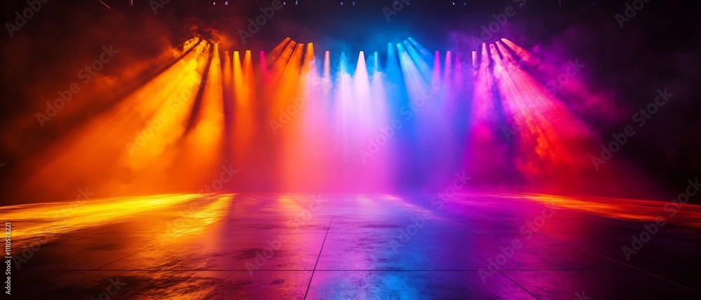 Dazzling vibrant lighting and color patterns wash over a concert stage creating a mesmerizing and electrifying atmosphere for an unforgettable performance Dazzling vibrant lighting and color patterns wash over a concert stage creating a mesmerizing and electrifying atmosphere for an unforgettable performance