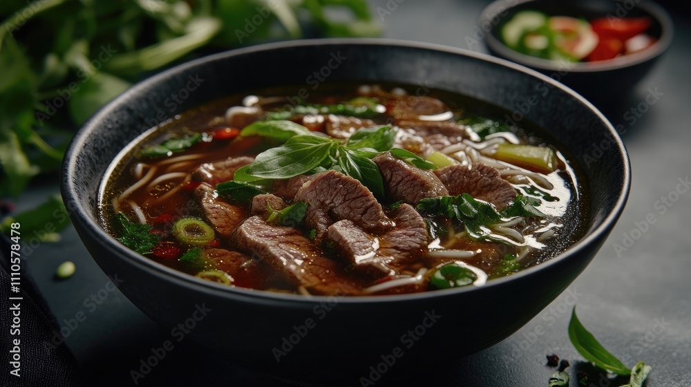A delicious bowl of beef noodle soup, garnished with fresh basil. The rich broth and tender beef are complemented by vibrant green herbs. A delicious bowl of beef noodle soup, garnished with fresh basil. The rich broth and tender beef are complemented by vibrant green herbs.