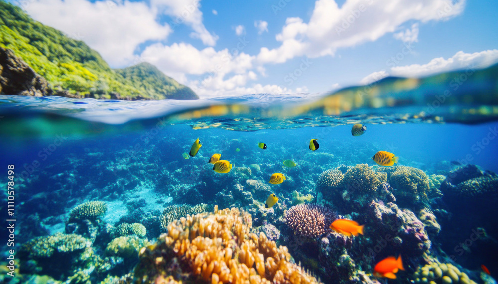 Tropical fish swimming over a vibrant coral reef in crystal clear water Tropical fish swimming over a vibrant coral reef in crystal clear water