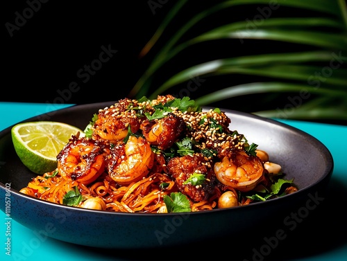 Malaysian char kuey teow, wokfried flat noodles with prawns, cockles, and bean sprouts, plated with lime wedges photo