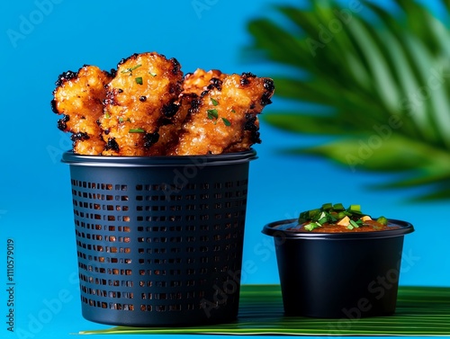 Malaysian keropok lekor, fish crackers served with spicy dipping sauce, arranged on a banana leaflined plate photo