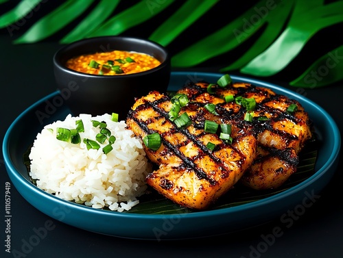 Malaysian otakotak, spicy fish mousse grilled in banana leaves, plated with rice and a tangy dipping sauce photo