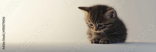 A cute tabby kitten in a crouched position, its paws tucked under its body, against a soft gradient white background photo