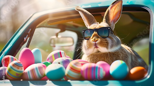 Cute Easter Bunny with sunglasses looking out of a car filed with easter eggs, Generative AI