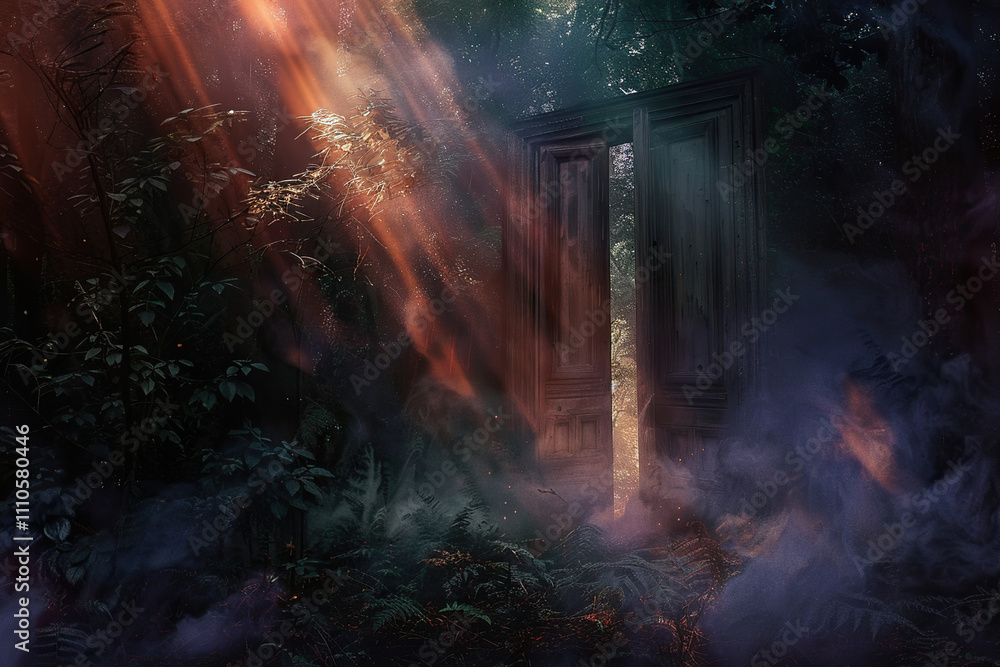 Fantastically door in wild forest leading to deep unknown Fantastically door in wild forest leading to deep unknown