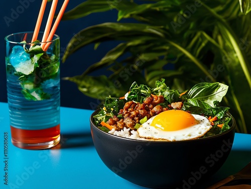 Thai basil stirfry with minced pork, served with rice and a sunnysideup egg, a classic street food delight photo