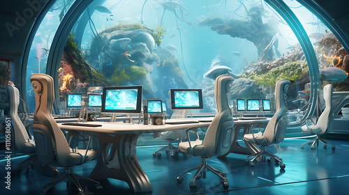 Futuristic design of computer room and aquarium view. generative ai