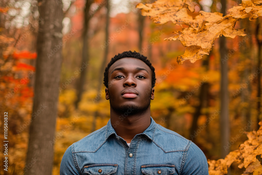 A young man stands amidst forest, surrounded by brilliant autumn foliage and tall trees