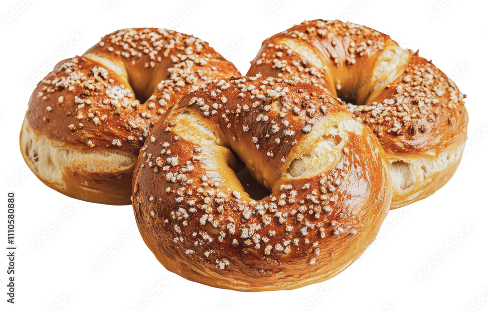Freshly baked bagels topped with crunchy salt, cut out - stock png. Freshly baked bagels topped with crunchy salt, cut out - stock png.